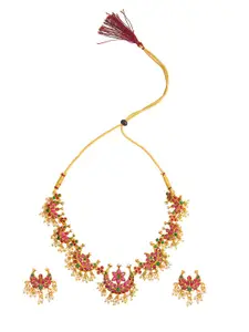 Shining Jewel - By Shivansh Gold-Plated Pink & White CZ Studded & Beaded Brass Necklace