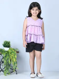 AWW HUNNIE Girls Lavender & Black Printed Top with Shorts
