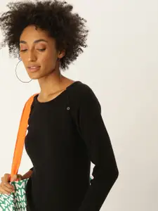 Kook N Keech Women Black Ribbed Pullover Sweater