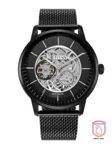 Titan Men Black Skeleton Dial & Stainless Steel Bracelet Style Straps Analogue Watch 90110NM01