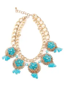 ODETTE Gold-Toned & Blue Beads Studded Statement Necklace