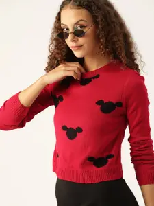 Kook N Keech Disney Women Red & Black Acrylic Self-Design Knitted Pullover