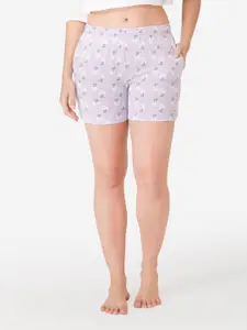 Vami Women Purple & White Printed Cotton Lounge Shorts