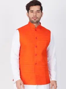 VASTRAMAY Men Orange Solid Slim-Fit Woven Nehru Jacket