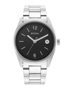 Titan Men Black Brass Dial & Silver Toned Stainless Steel Bracelet Style Straps Analogue Watch