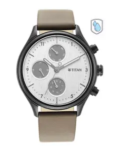 Titan Men White Brass Dial & Grey Leather Straps Analogue Multi Function Watch 1803NL02