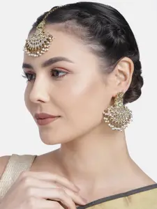 Kord Store Gold-Plated Off-White Kundan-Studded Beaded Earrings with Maang Tikka