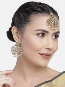 Kord Store Gold-Plated Off-White Kundan-Studded Beaded Earrings with Maang Tikka