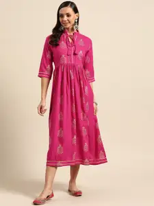 GERUA Pink & Gold-Toned Ethnic Motifs Ethnic Midi Dress