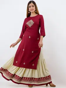 SKY SHOPPIE Women Maroon Ethnic Motifs Embroidered Thread Work Kurta with Skirt With Dupatta