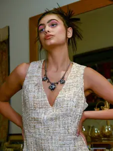 ODETTE Silver-Toned & White Stone Studded Necklace