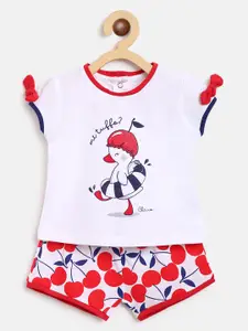 Chicco Girls White & Red Printed Pure Cotton T-shirt with Shorts