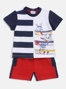 Chicco Boys Navy Blue & White Set Of 2 Cotton Printed T-shirt with Shorts