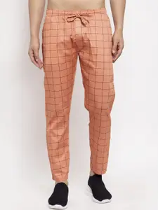 JAINISH Men Orange Checked Cotton Track Pants