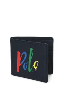 Polo Ralph Lauren Men Navy Blue & Green Typography Printed Leather Two Fold Wallet