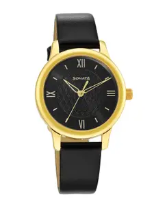 Sonata Women Gold-Toned Brass Dial & Black Leather Straps Analogue Watch