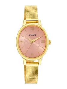 Sonata Women Pink Brass Mother of Pearl Dial & Gold Toned Stainless Steel Bracelet Style Straps Analogue Watch