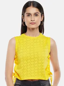 People Women Yellow Self Design Round Neck Pure Cotton Regular Top