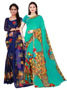 KALINI Navy Pack Of 2 Blue & Sea Green Floral Pure Georgette Saree