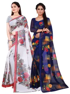 KALINI Navy Blue & Grey Floral Pure Georgette Saree Pack Of 2 With Unstitched Blouse Piece