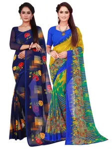 KALINI Women Navy Blue & Yellow Floral Pure Georgette Saree Pack Of 2