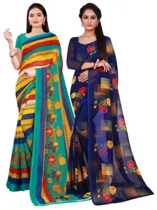 KALINI Pack of 2 Blue & Yellow Floral Pure Georgette Saree