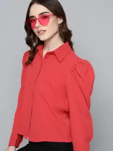 Harvard Women Red Textured Puff Sleeves Casual Shirt