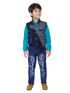 DKGF FASHION Boys Turquoise Blue Printed Shirt with Trousers & Waistcoat