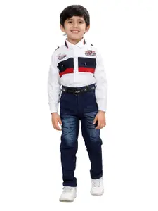 DKGF FASHION Boys Blue & White Printed Shirt with Jeans