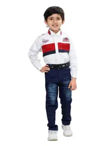 DKGF FASHION Boys Red & Blue Colourblocked Shirt with Trousers