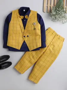 DKGF FASHION Boys Yellow & Navy Blue Checked Shirt & Trouser With Waistcoat