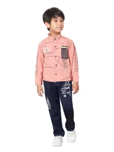 DKGF FASHION Boys Pink & Navy Blue Printed Shirt with Trousers