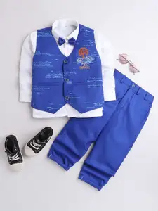 DKGF FASHION Boys Blue & White Printed Shirt with Trousers & Waistcoat