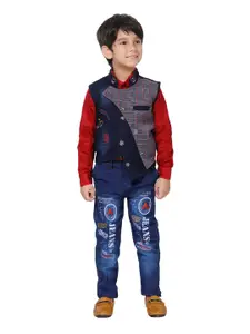 DKGF FASHION Boys Red & Blue Shirt with Trousers & Waistcoat