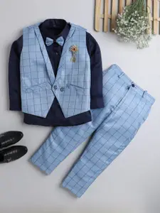DKGF FASHION Boys Blue & Navy Blue Checked Shirt with Trousers