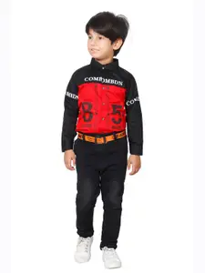 DKGF FASHION Boys Red & Black Printed Shirt with Trousers