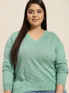 Sztori Women Plus Size Green Self Design Pullover