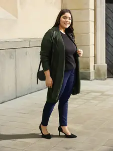 Sztori Women Plus Size Olive Green Solid Longline Front-Open Sweater