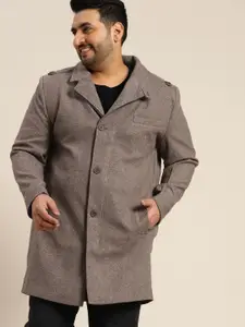 Sztori Men Plus Size Brown Self-Design Single-Breasted Longline Overcoat