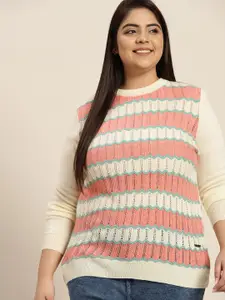 Sztori Women Plus Size Off White & Pink Acrylic Open-Knit Chevron Sweater