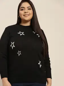 Sztori Women Plus Size Black & White Self Design Acrylic Sweater