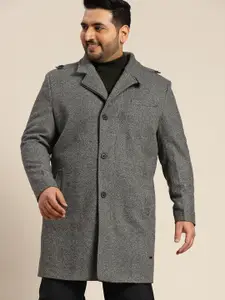 Sztori Men Plus Size Black & Grey Self-Design Single-Breasted Longline Overcoat