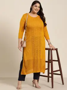 Sztori Women Plus Size Mustard Yellow Self Design Knitted Winter Kurta