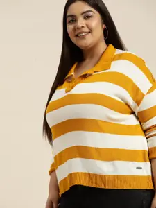 Sztori Women Plus Size Yellow & White Striped Sweater