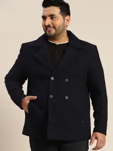 Sztori Men Plus Size Navy Blue Solid Double-Breasted Overcoat
