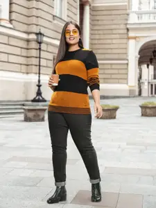 Sztori Women Plus Size Mustard Brown & Black Striped Sweater