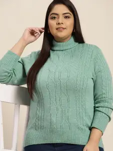 Sztori Women Plus Size Green Cable Knit Acrylic Sweater