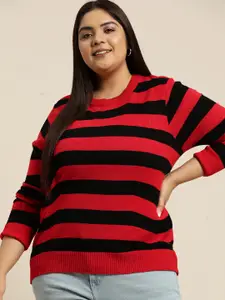 Sztori Women Plus Size Red & Black Striped Acrylic Sweater
