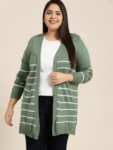 Sztori Women Plus Size Green & White Striped Longline Front-Open Sweater