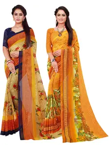 KALINI Beige & Yellow Set Of 2 Floral Pure Georgette Saree
